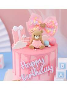 Decoración de tarta con figura de oso adorable, lazos azules y rosas, caja de regalo, letras cuadradas, decoración de tarta de cumpleaños adorable, para primer cumpleaños, bautizo, revelación de género, boda, de material de goma suave y reutilizable, Navidad