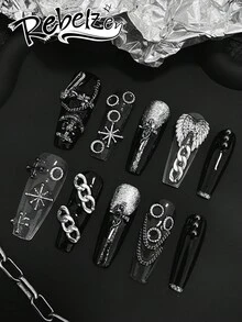 10 片手工压制棺材形指甲，夏季美甲，漂亮假指甲，DIY，万圣节，翅膀，链条，美甲配件，黑色指甲亮片，适合女孩和女士，可重复使用的美甲用品，用于婚礼、派对、节日场景，赠送美甲套装，按压式指甲
