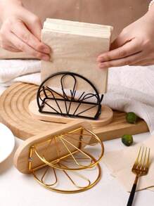 1 pieza Soporte para servilletas de estilo nórdico con base de madera y estructura de hierro, dispensador de pañuelos de papel vertical de metal, accesorio de decoración de mesa, para el hogar, restaurante, hotel y cafetería, útiles escolares