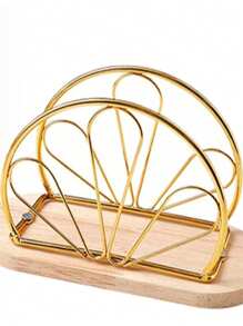 1 pieza Soporte para servilletas de estilo nórdico con base de madera y estructura de hierro, dispensador de pañuelos de papel vertical de metal, accesorio de decoración de mesa, para el hogar, restaurante, hotel y cafetería, útiles escolares