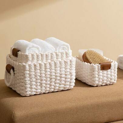 1pc Woven Basket, 3pcs (S+M+L) Woven Storage Basket Set, Paper Rope Basket With Handle, Small Woven Basket For Organization, Cute Decorative Gift Basket, Storage Container, Cabinet Drawer, Bedroom, Living Room, Dorm, Desktop Organization, Farmhouse Decor Basket, Boho Reusable Storage Basket For Stationery, Closet, Toys, Cosmetics, Desk Organization Basket, Ideal Gift Basket