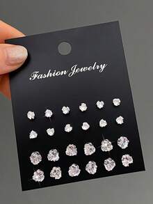Set Anting Zirkonia Sederhana 24 Buah untuk Wanita, Hadiah Liburan dan Kencan. - Perak - View 1