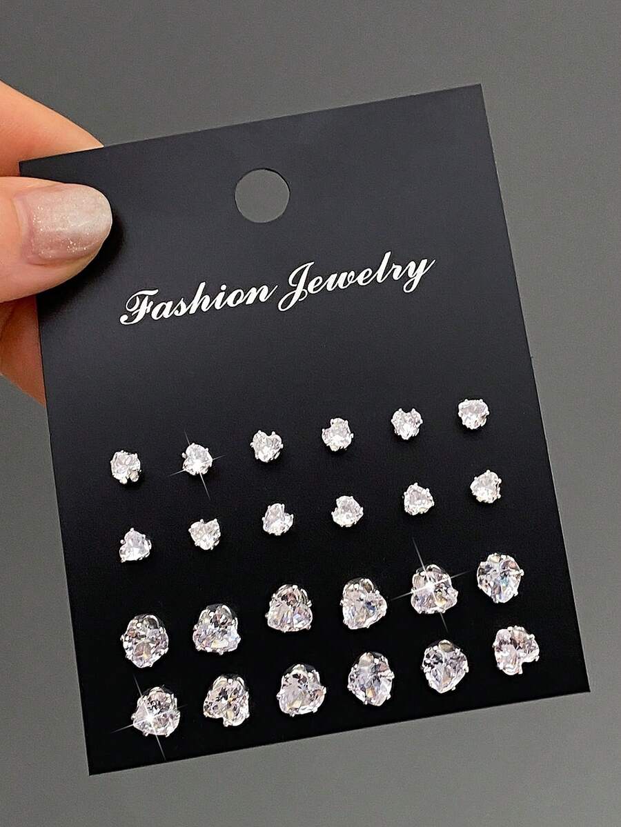 Set Anting Zirkonia Sederhana 24 Buah untuk Wanita, Hadiah Liburan dan Kencan. - Perak - View 1