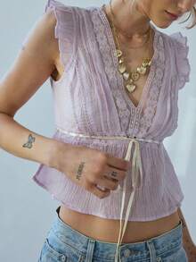 Women Summer Boho Tie Front Lace Trim Tank Tops Y2k Flowy Frilly Chiffon Vest Beach Button Ruffle Eyelet Tank Tops Light - Purple - View 1