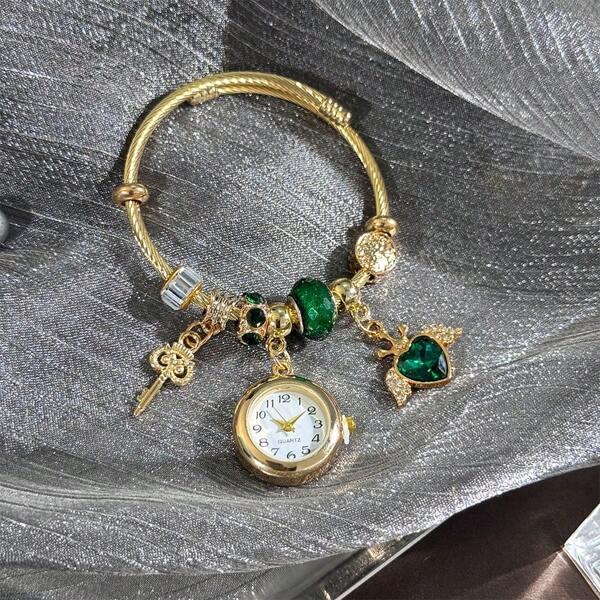 1pc Women's Beaded Bracelet With Heart And Butterfly Pendants, Diamond Encrusted Fashion Analog Quartz Watch