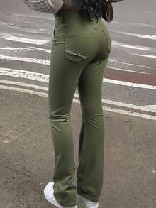 女式秋季度假风格休闲破洞紧身喇叭牛仔裤