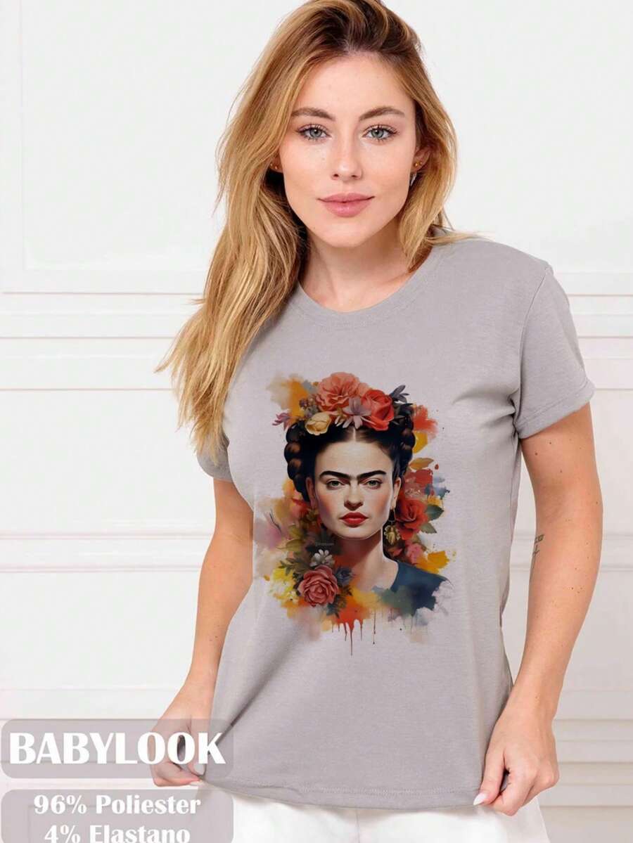 Blusa Tshirt Feminina moda casual,frida,moda plus size - Cinza - Visão 1