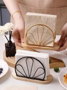 1 pieza Soporte para servilletas de estilo nórdico con base de madera y estructura de hierro, dispensador de pañuelos de papel vertical de metal, accesorio de decoración de mesa, para el hogar, restaurante, hotel y cafetería, útiles escolares