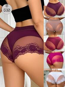 5 peças/pacote Calcinhas de Renda Femininas, Recorte de Renda Semitraslúcido Leve e Respirável com Padrão Floral Romântico, Secagem Rápida e Confortável - Multicolorido - Visão 12