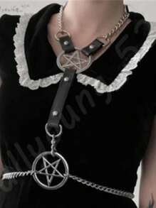 1 Piece Adjustable Women's Star Chain Suspenders, Punk Style PU Leather Belt, Perfect For Fetish Costumes Sexy Lingerie Accessories, Silver Pentagram Decorated Gothic, Women's Body Harness & Neck Binding Lingerie Unique Wearable Experience For Halloween Party Builds!