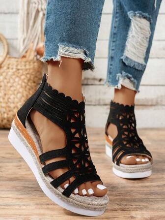 Women's Casual Faux Suede Rope Straw Wedge Roman Sandals, Black Geometric Open Toe With Back Zipper