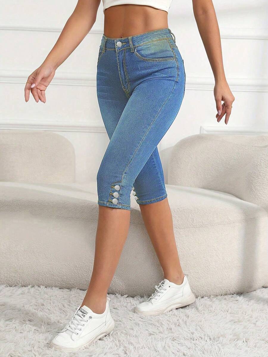 女士休闲弹力修身七分牛仔裤 - 懷舊色 - 查看 1