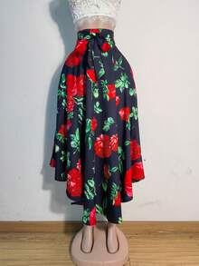 Floral Print Split Thigh Belted Skirt - Multicolor - View 3