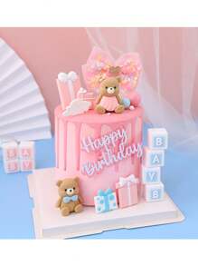 Decoración de tarta con figura de oso adorable, lazos azules y rosas, caja de regalo, letras cuadradas, decoración de tarta de cumpleaños adorable, para primer cumpleaños, bautizo, revelación de género, boda, de material de goma suave y reutilizable, Navidad