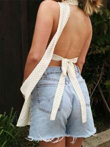 Women Halter Neck Cami Tank Tops Dot/Leopard Print Vest V Neck Sleeveless Open Back Tie-Up Crop Shirts With Scarf Summer Going Out Tops Streetwear - White - View 2