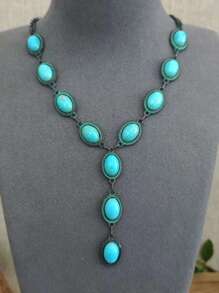 1 pezzo Collana da donna stile retrò western, con ciondolo a forma di Y e intarsi in turchese, adatta per spiaggia, vacanza, festa, collana per la clavicola