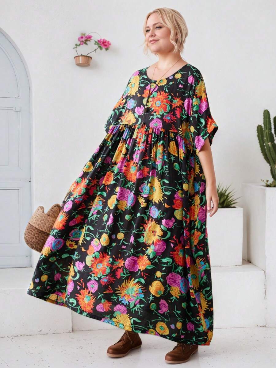 Tops Chinese Spring Festival, 2026 Boho Style Plus Size Casual Holiday Beach Dress, Summer Fake Japanese Yen Collar Shoulder Sleeved Loose Skirt Short Sleeved Dress, - Black - View 1