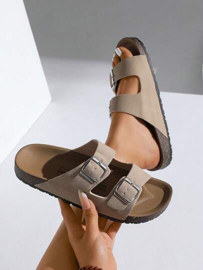 Women's Beach Style Mule Slides 2025, Sparkling Comfortable Fashionable Casual Solid Color Flat Sandals With Metal Buckle Decor