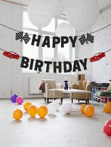 1 pieza Decoración de pancarta de fiesta de cumpleaños con temática de carreras de autos "Dos rápidas" para fiesta de cumpleaños - Multicolor - Ver 4