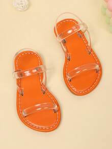 1 双幼儿圆头透明绑带平底凉鞋，橙色底柔软 PU 材质，防滑 TPR 鞋底，休闲可爱罗马沙滩鞋，适合男婴/女婴，春夏季 - 橘色 - 查看 2