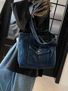 1个复古蓝色做旧风格女士斜挎包，大容量，柔软轻便，拉链封口，帆布手提包，带多个口袋，学院风单肩包 - 藍色 - 查看 3