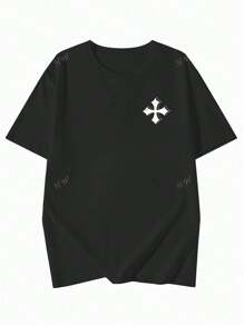 Women's Slogan & Cross Print Crew Neck Drop Shoulder Loose Casual T-Shirt, Summer