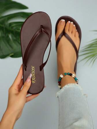 New Spring/Summer, Women's Chocolate Brown Thong Sandals, Round Toe Flat Flip Flops, Casual Slippers For Indoor & Outdoor Wear