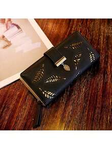 Hollow Leaves Purse Women Wallet Zipper Wallet Card Holder With Money Holder With Wristlet Birthday Gifts Gifts For Friends For Daily PU Leather Minimalist Fashion Casual For Women For Student Wallet Mini Wallet Purse Wallet Long Wallet - Black - View 5