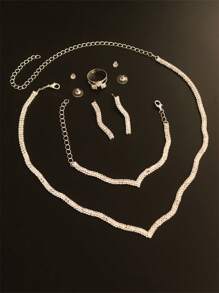 4pcs Silver-Plated Jewelry Set With Rhinestones, Elegant & Fashionable