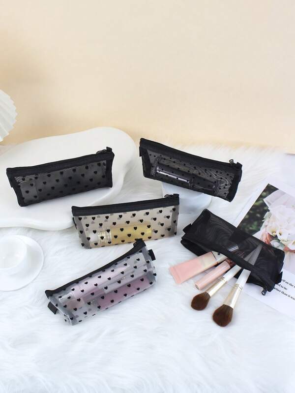 1pc Women's Makeup Brush Storage Classic Mesh Transparent Pencil Case Stationery Bag, Minimalist Large Capacity Pencil Box