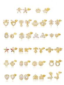 TUANZISP 22pcs Set Women's Gold Plated Copper Stud Earrings With Zirconia, Butterfly, Heart, Star, Crown, Snowflake, Geometric Designs, Versatile Fashion Jewelry, Elegant Vintage Luxury Gift For Women