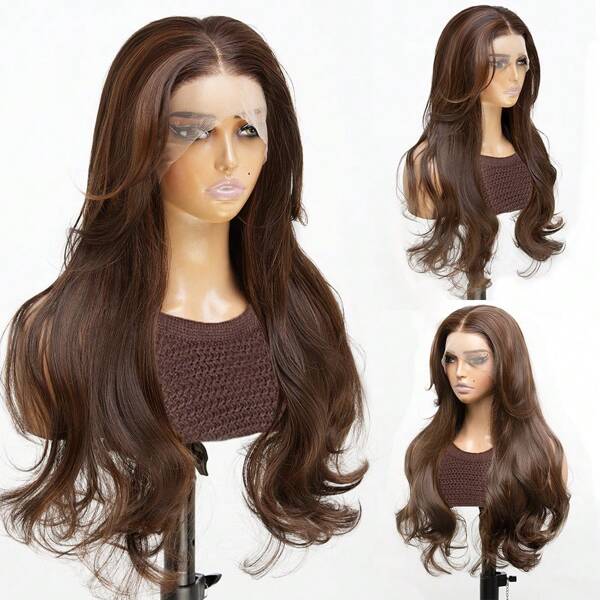 Brown 13x6 Synthetic Lace Front Wigs For Women 22 Inch Long Straight Glueless Kanekalon Hair Resistant Synthetic Hair Wigs Free Part 150% Density For Women Daily Party Vacation Holiday Use Easy To Install And Take Off For Beginners