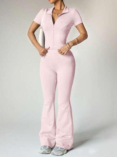 Women's Yoga Workout Set: Short Sleeve Zip-Up Jacket & High-Waisted Flared Pants - Moisture-Wicking, 4-Way Stretch, Breathable Activewear For Yoga, Pilates, Gym (Color/Size Options)