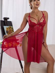 2pcs Set Women Mesh V-Neck Lace Nightgown With Side Slit Strap Dress Sexy Lingerie