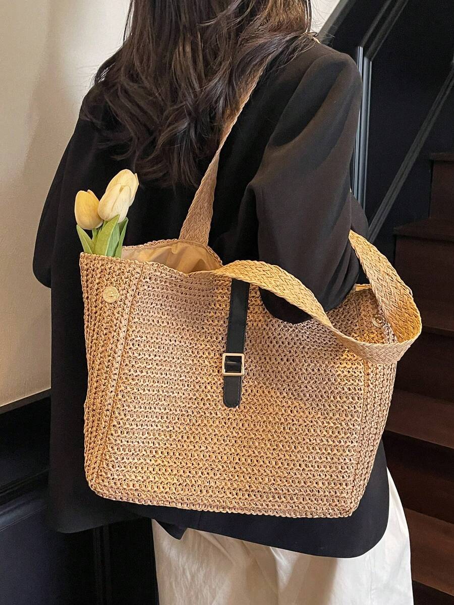 Fashionable Women's Large Capacity Magnetic Closure Straw Woven Shoulder Tote Bag, Portable For Holiday Travel, Suitable For Festival Party Gifts And Gatherings - Brown - View 1