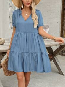 Vestito di jeans da donna con scollo a V, maniche corte a palloncino e orlo arricciato - Blu - Visualizzare 2