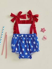 0-18 Months Baby Girl Independence Day Cami Romper Sleeveless Star Stripe Print Tie Shoulder Jumpsuit - Red - View 7