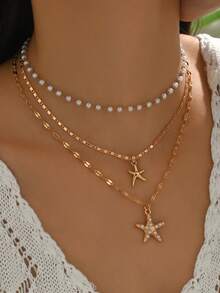 3pcs/Set Elegant Faux Pearl Handmade Chain Choker Necklace With Starfish Pendant, Fashionable Women Jewelry Suitable For Daily Wear, Travel, Party - Golden - View 2