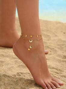 1 pieza Tobillera delicada con colgante de estrella y luna multicapa, versátil, elegante y alegre, esencial para la playa y las vacaciones, adecuada para regalos y uso personal