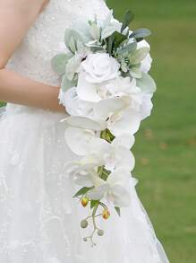 1 pieza Ramo de novia en cascada de rosas blancas artificiales, ramo de boda para lanzar, para ceremonia de boda, aniversario, verano, cumpleaños, regalos, decoración de habitación, útiles escolares