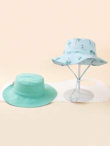 2pcs Kids Blue & Green Palm Tree Print Summer Beach Sun Ion Bucket Hats With Chin Strap - Blue Green + Coconut Tree - View 2