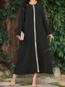 Fashion Women's Black Round Neck Sequin Decoration Elegant Long Loose Arabian Robe