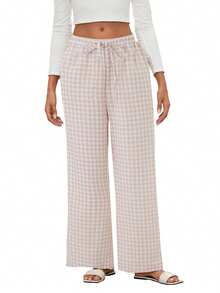Women Y2K Plaid Pants Summer Casual Drawstring High Waist Straight Leg Trousers Gingham Lounge Pants Streetwear - 卡其色 - 查看 4