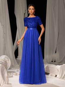 Faeriesty Elegant Formal Evening Gown With Sequin Embellished Bodice & Contrast Layered Tulle Hem | A-Line Prom Wedding Party Dress - Xanh đậm - Xem 5