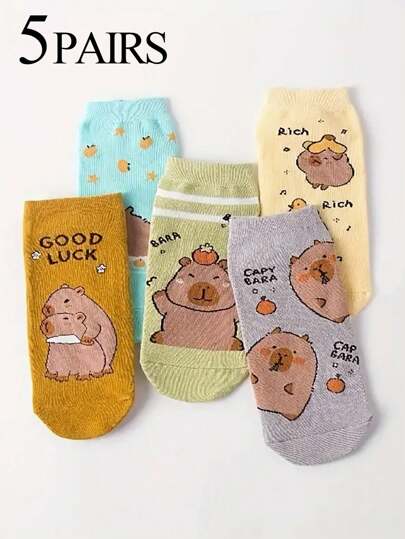 5 Pairs Women's Green, Blue, Brown, Gray, Beige Ankle Socks With Cute Cartoon Capybara Letter Printed Pattern, Soft Comfortable Breathable, Versatile For Daily Wear, Suitable For Mother's Day