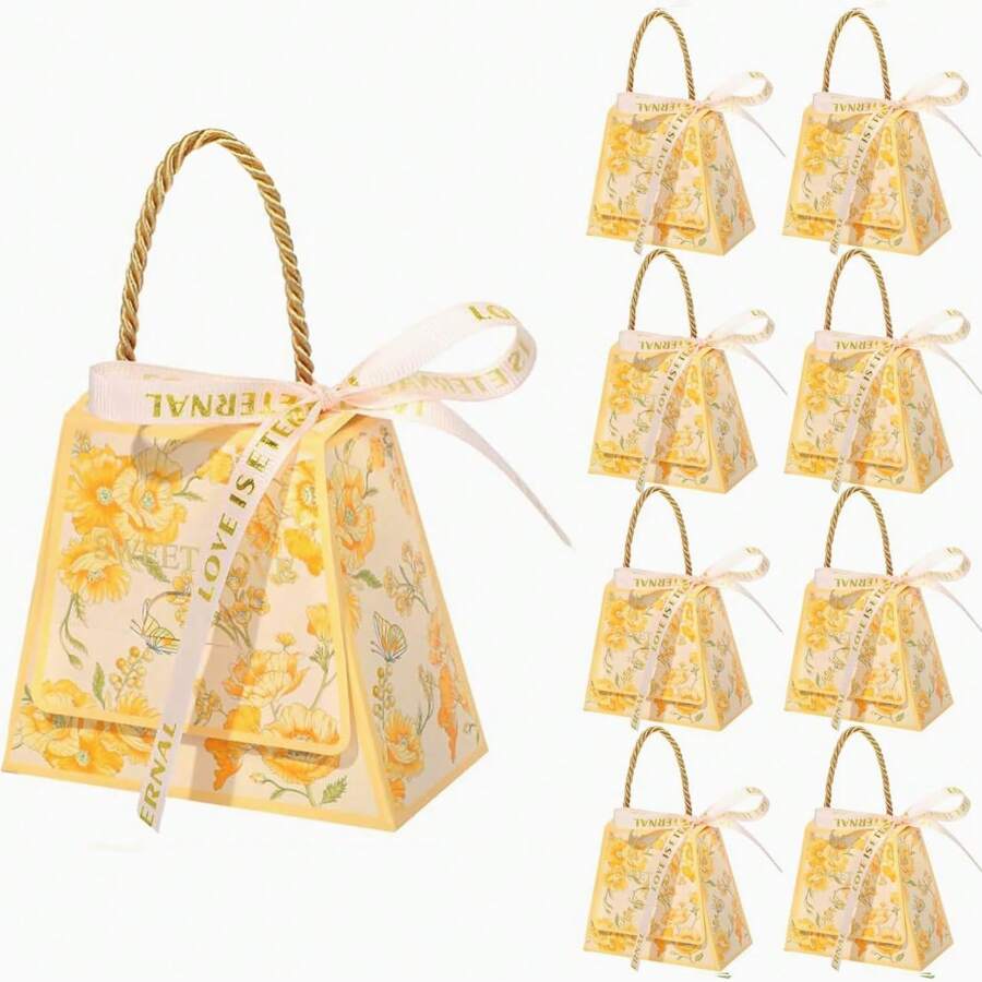 10 Pieces Mini Favor Boxes, Floral Trapezoid Candy Gift Box Small Treat Boxes With Faux Pearl Bow Ribbons, Party Favors For Guests Wedding Engagement Bridal Shower Birthday Valentines Gtaduation Summer Gifts Beach Back To School School Supplies Room Decor