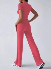 Spring Women's Fashionable Belly-Baring Short-Sleeved Tops, Slim-Fitting Lace-Up Flared Pants Sports Suit
