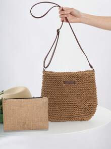 Woven Straw Bag, Women's Summer Beach Handbag, Large Capacity Crossbody Bag,With Yellow Linen Cosmetic Bag, Toiletry Bag
