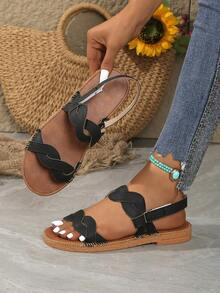 Women's Summer Floral Design Thick Sole Breathable Non-Slip Outdoor Beach Sandals, Suitable For Daily Commute, Vacation Travel, Hook And Loop Easy On/Off, Round Toe, Black - Black - View 6