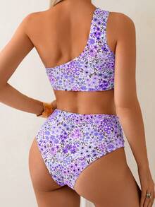 Women's Floral Print Ruffled Two Pieces Bikini Set With One Shoulder Strap, Sexy Bandeau Swimsuit For Spring/Summer - Purple - View 2